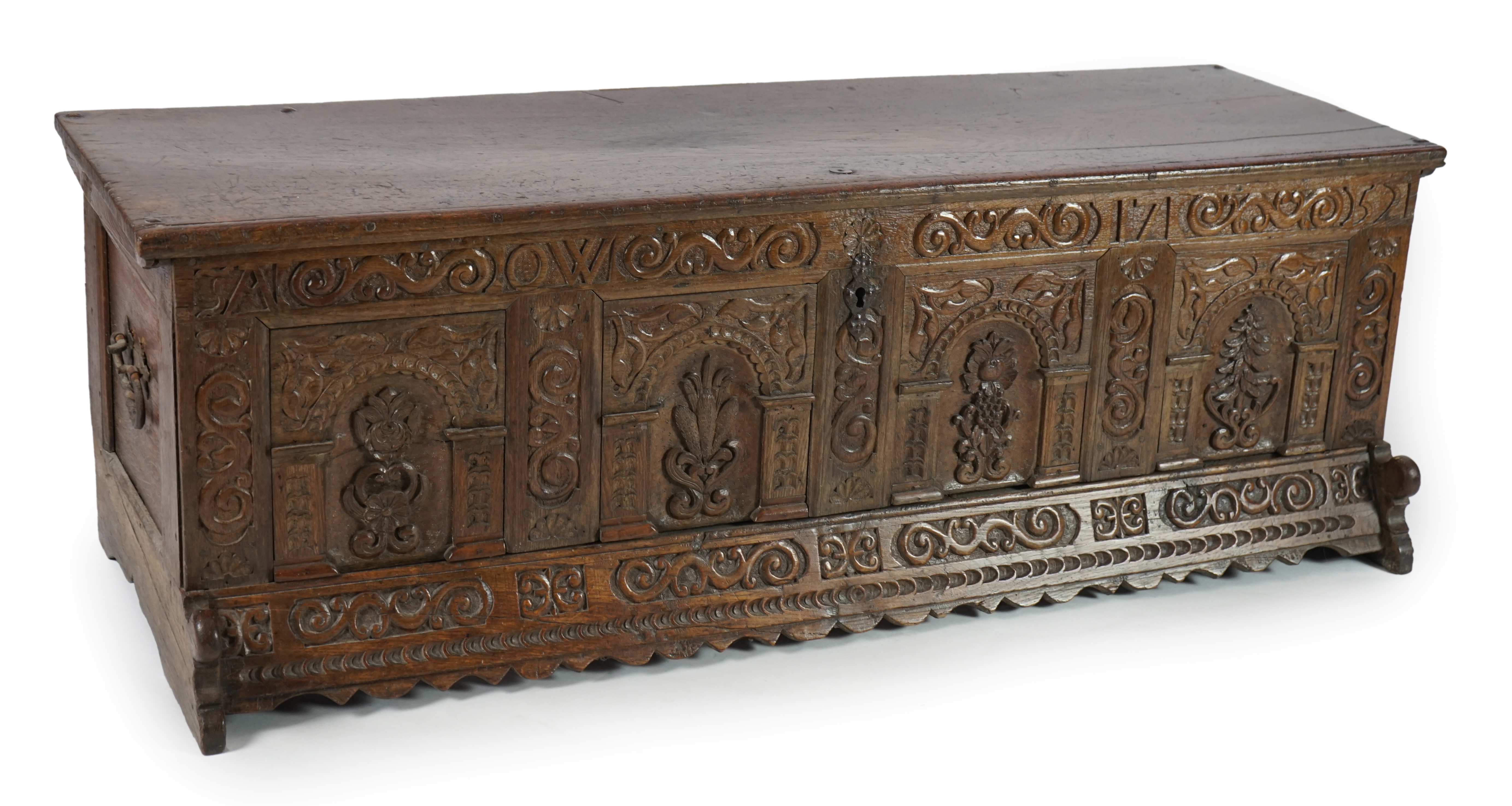 A mid 18th century German carved oak marriage chest